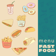 Set of fast food in the style of a sketch on a craft background. For menu design, flyer, fast food cafe booklet. Vector illustration.