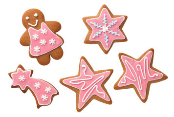 Fototapeta na wymiar Christmas Gingerbread Cookies With Pink Icing Isolated