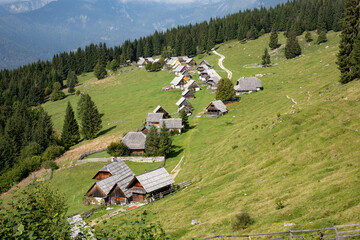 View over the alpine mountain pasture Zajamniki in Slovenia