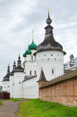 Fototapeta na wymiar Rostov Veliky, Russia - July 24, 2019: Towers and domes of the Rostov Kremlin. Golden ring of Russia