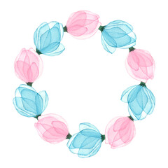 Watercolor wreath of pink and blue flower buds with transparent petals, isolated on a white background. For wedding invitations, greetings, presentations, textiles.