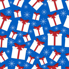 Fototapeta premium Seamless pattern with white gift and snowflakes. Christmas and New Year concept.
