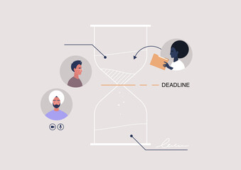 A time management scheme, a sand clock outline showing cycles and deadlines, a teamwork project