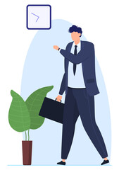 Businessman hurries to a business meeting, does not have time for a meeting, the man runs and looks at his watch. Vector illustration