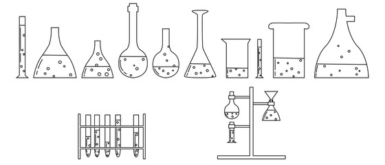Set with medical laboratory equipment. Test tube, jars, beakers, flasks and test tube holder. soleted outline illustration