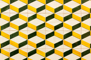 Geometric pattern ceramic tiles closeup. Colorful 3d style composition background