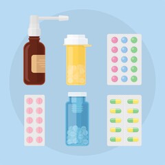 Different medical pills and bottles. Pharmacy store. Vector flat design