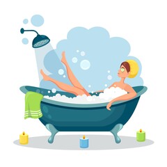 Happy woman taking bath in bathroom with towel. Wash head, hair, body, skin with shampoo, soap, sponge, water. Bathtub full of foam with bubbles. Hygiene, everyday routine, relax