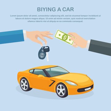 Buying new car. Hand holding automobile key and money
