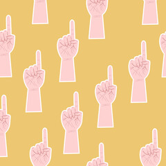 Pointing index fingers seamless pattern. yellow background. Fun hand gesture, expression vector wallpaper.