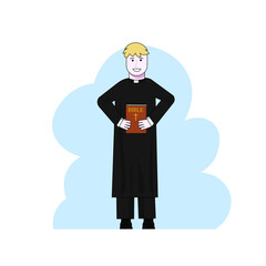Catholic priest. Pastor reads prayer, holds cross, bible and gospel, bless parishioners. Flat vector cartoon illustration. Objects isolated on a white background
