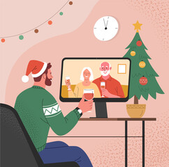 Online Christmas celebration.  Vector illustration of man in cozy winter sweater and Santa hat talking with his elderly parents via  computer from home in trendy flat style. Isolated on background