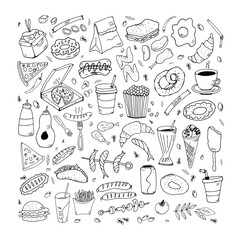 Set of hand drawn doodle fast food icons. Hand drawn doodle set Fast food. Vector illustration. Junk food items collection. Cartoon snack different sketch icon: soda, hamburger, french fries, hot dog,