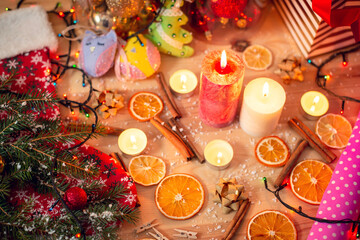 Fototapeta na wymiar Christmas mood, festive lighted background, warm colours. Winter holidays decor, preparation for celebration.