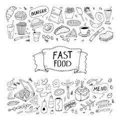 Set of hand drawn doodle fast food icons. Hand drawn doodle set Fast food. Vector illustration. Junk food items collection. Cartoon snack different sketch icon: soda, hamburger, french fries, hot dog,