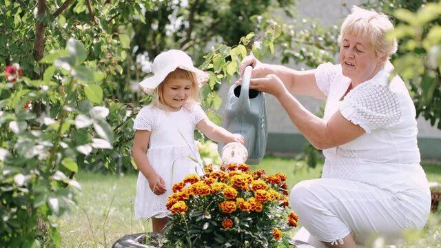 Happy Grandparents Day. Happy Grandmother with her granddaughter working in the garden. Granmother is watering flowers and smiling. Family time.