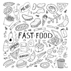 Set of hand drawn doodle fast food icons. Hand drawn doodle set Fast food. Vector illustration. Junk food items collection. Cartoon snack different sketch icon: soda, hamburger, french fries, hot dog,