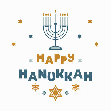 Happy hanukkah greeting card with creative symbols in flat style on white background.  Modern vector design	
