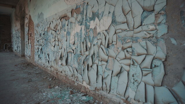 Destroyed school in Beslan after the terrorist attack. Old empty school corridors