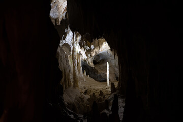 Underground caves with stalactites and stalagmites. Frasassi Caves, Italy