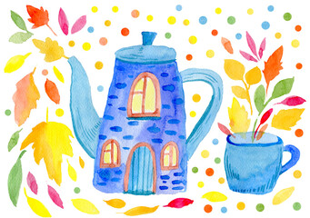 Hand painting watercolor tea pot and blue mug illustration on white background. Autumn colorful leaves. Fall fairy house for tea ceremony invitation, poster design, greeting cards.