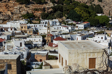 Lindos village, Rhodes island, Greece - 25-oct-2020 : White village Lindos on Rhodes Island . Greece