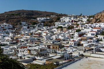 Fototapeta premium Lindos village, Rhodes island, Greece - 25-oct-2020 : White village Lindos on Rhodes Island . Greece
