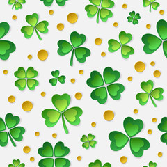 Pattern with paper green four leaf clovers and shamrock and gold coins on white background. Vector illustration. Elements for banner, cards, poster, holiday, party.