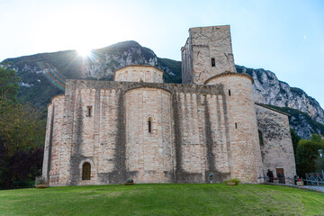 Fototapeta na wymiar San Vittore alle Chiuse. Abbey and Roman Catholic church near the Frasasssi caves. Genga, Italy