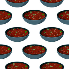 Lobio in ceramic bowl decorated with cilantro background. Delicious vegetarian Georgian meal made of stewed beans seamless pattern.