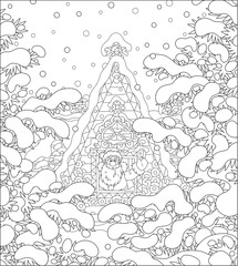 Decorated log house of Santa Claus among snow-covered fir trees in a winter forest on a snowy and frosty day, black and white outline vector cartoon illustration for a coloring book page