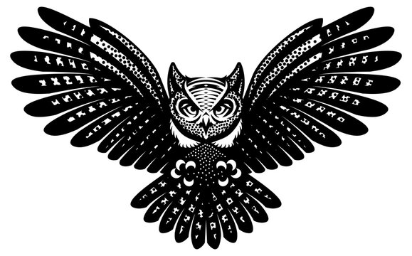 Flying owl with spread wings. Vector monochrome illustration. Template for poster design