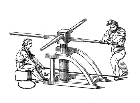 Vintage illustration of two sailor managing a capstan, vertical-axled rotating machine developed for use on sailing ships to multiply the pulling force of the seamen when hauling ropes and anchors