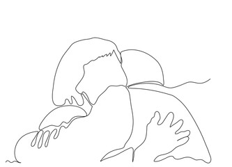 Man and a woman embracing each other. Continuous black line drawing. Removable white background.