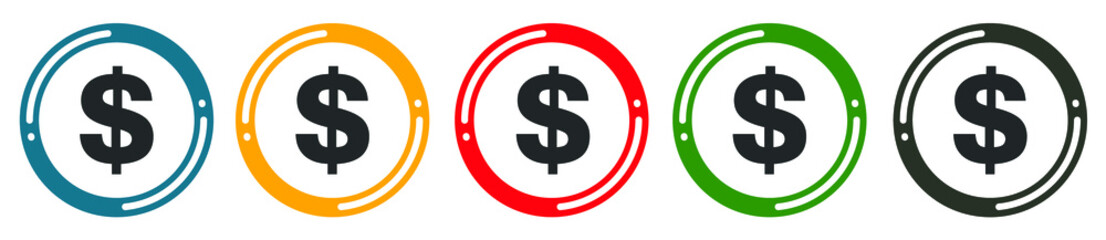 Money icon set. flat design vector illustration in 5 colors options for web design