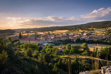 City landscape of Santo Domingo de Silos from a rock on the top of the hill and the Monastery of...