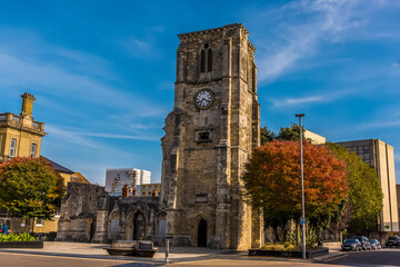 Fototapeta na wymiar A view of the ruins of a fourteen-century church in Southampton, UK in Autumn