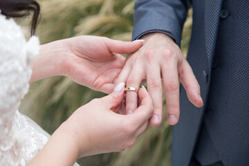 the bride puts the ring on the groom