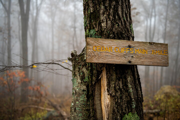 Cedar Cliffs trailhead, hiking trail marker sign with mile distance attached to tree in fog, foggy...