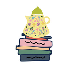 Isolated vector colorful illustration design tile of books with tea pot
