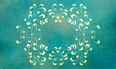 turquoise cute card, with texture and golden vintage frame drawn with brush strokes. Universal background for cards, invitations, banners, scrapbooking, labels
