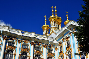 Golden domes of the palace church in the Tsarskoye Selo Museum Reserve. Russia, Saint Petersburg,...