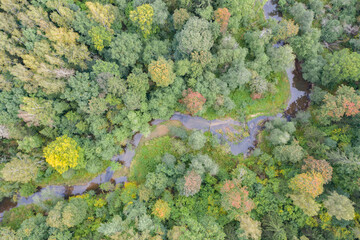 Aerial top down view of winding river flowing through green forest