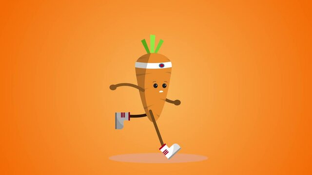 Cute carrot running cycle loop over orange background. Kawaii Carrot character animation 4k. exercising healthy fitness lifestyle. Healthy food concept. Eating fruits and vegetables concepts for kids