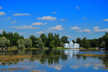 Scenery. View of the Grotto Pavilion in the mezeum of the Tsarskoe Selo nature reserve with...
