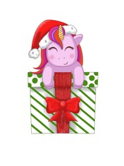 Christmas Unicorn with gift box.New Year Unicorn.Unicorn in Christmas red hat.Cartoon little Unicorn.