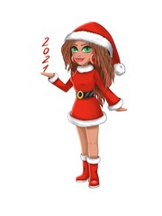 Girl character in Christmas costume.Cute girl with 2021 in her hands.New Year girl.