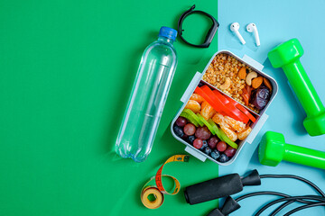 balanced sports nutrition in a lunchbox. healthy and healthy food after a productive sports workout.