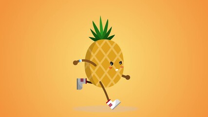 Funny pineapple cartoon character running. Pineapple animation loop over orange background. colorful exercising healthy fitness lifestyle video for kids 4k. Healthy food concept.