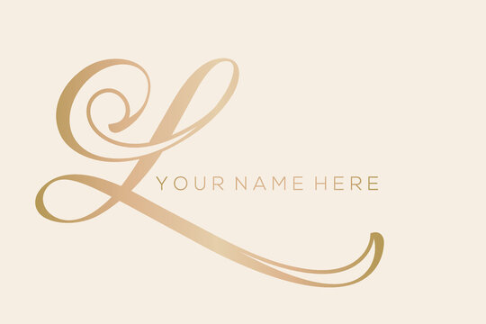 Letter L logo.Calligraphic golden icon isolated on light background.Hand drawn typographic shape with uppercase ornate lettering.Alphabet initial character with organic decorations. Luxury style.